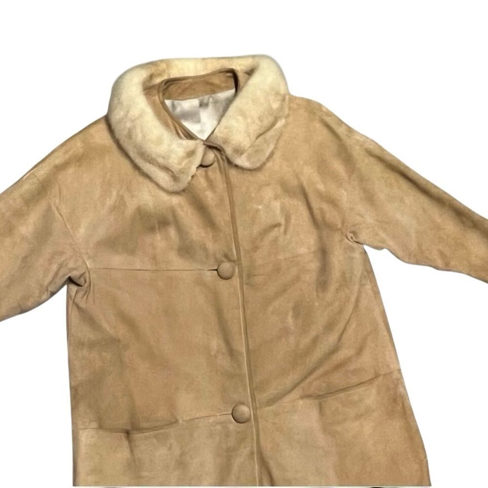 Vtg 50s Suede Leather Jacket Mink Fur Collar Cream 3/4 Sleeve Field Coat L - Picture 10 of 16